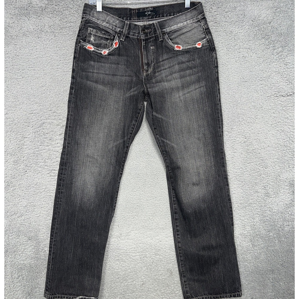 SYN Jeans Mens 32x32 (31x31) Gray Denim Distress Red Stitch Accent Bootcut Pants